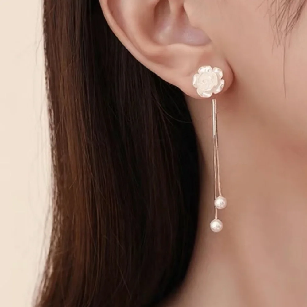 Pearl Flower Gold 18k plated drop long earrings